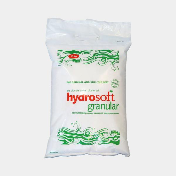 Bag of Hyarosoft Granular softener salt on a white background