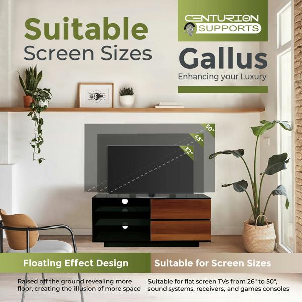Centurion Supports GALLUS High Gloss Black with 2-Walnut Drawers for 32"-55" LED/OLED/LCD TV Cabinet - FULLY ASSEMBLED