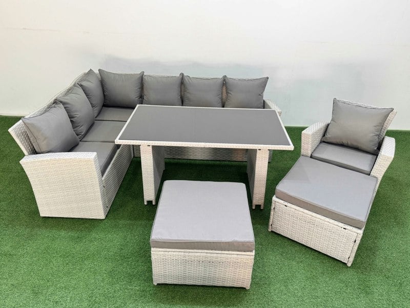 Fimous 9 Seater Rattan Corner Sofa Set Outdoor Garden Furniture Set with Rectangular Dining Table Lounge Sofa 2 Big Footstools Armchair Light Grey