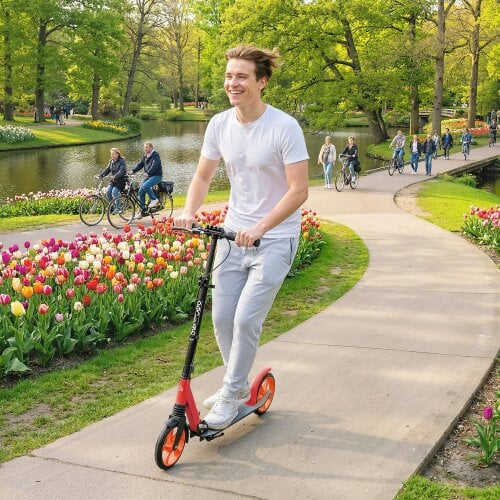 HOMCOM Folding Kick Scooter for 14+ w/ Adjustable Height - Red and Black - 14+ years - Kick Scooter