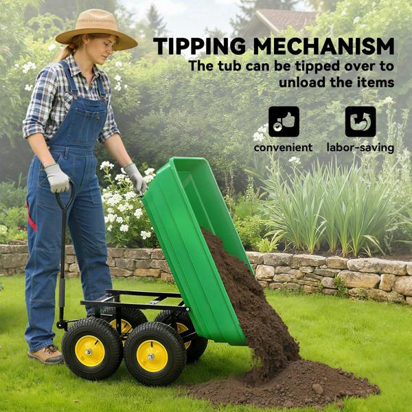 Green tipping garden dump cart tilted open for unloading, with four wheels