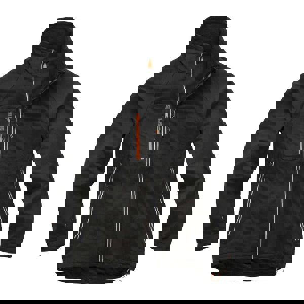 Scruffs Trade Flex Softshell Mens Zip Up Work Warm Jacket Coat, black softshell jacket with multiple zippered pockets, high collar, and lightweight durable fabric.