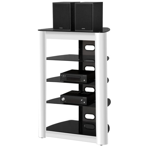 Centurion Supports ZINNIA 5-Tier Black Glass Shelves with Gloss White Fascia Entertainment Media Audio Rack