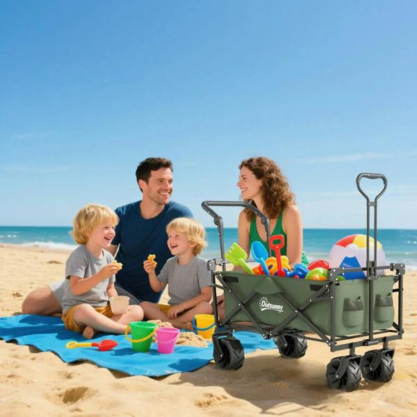 Green beach camping wagon cart with canopy and multiple storage compartments