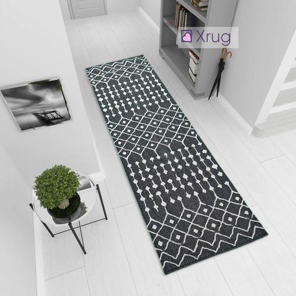 Modern Black Rug 100% Cotton Washable Large Small Living Room Carpet Diamond White Cream Pattern Flat Woven Mat - 75x300cm (2'5''x9'8'')