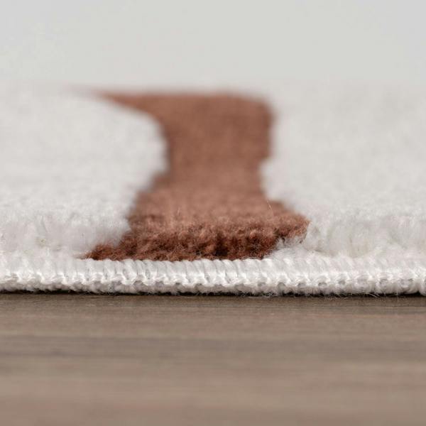 Close-up of a brown and white rug on a wooden floor.