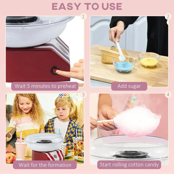 Red and white cotton candy machine with clear dome while rolling cotton candy