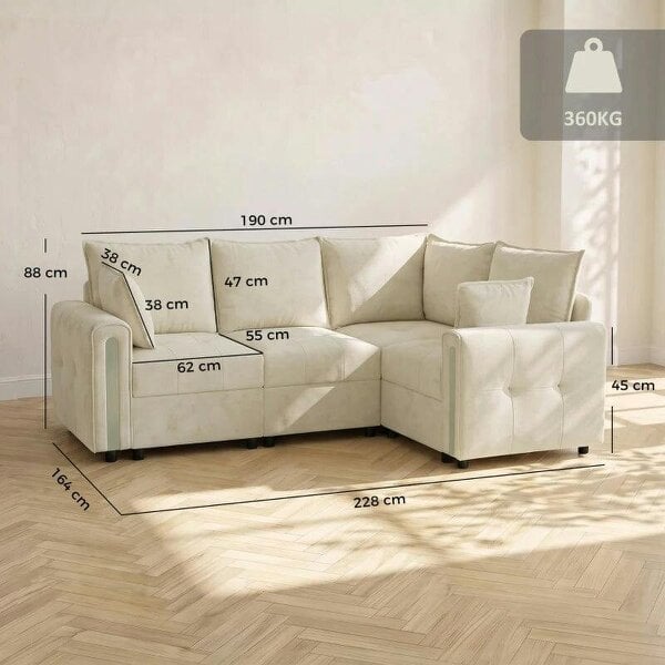 228cm L Shaped Sofa with Lift-Up Storage, 3-Seater Sectional Sofa with Wide Deep Seat, Beige