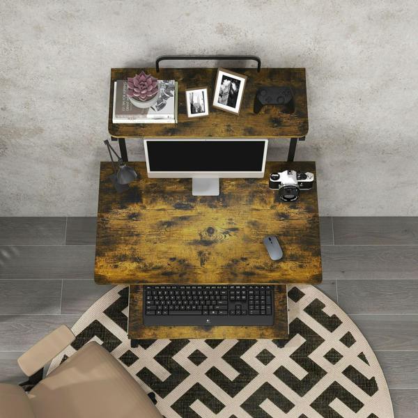 Multi-storage work desk with sliding keyboard tray, rustic brown top and dark frame