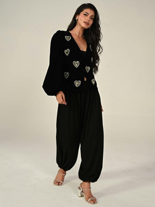 Rose & Nancy Rosheen Black Velvet Hand Embellished Heart Tie Front Top