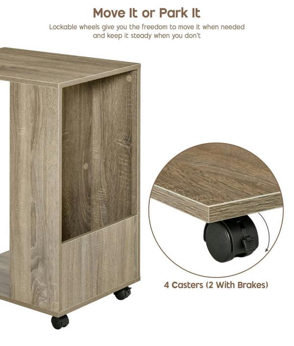 ADOV C Shaped Side Table with Wheels, Industrial Sofa End Table with Open Storage for Living Room and Bedroom
