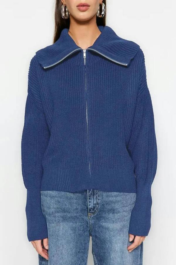 Hoxton Gal Oversized Draped Collar Zip-Up Knit Cardigan