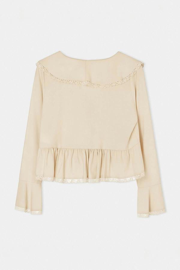 WOVCOR V Neck Long Sleeve Tie Front Lace Detail Blouse