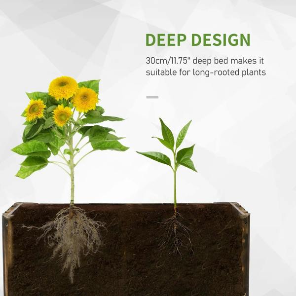 Deep wooden raised planter box with soil and two small plants