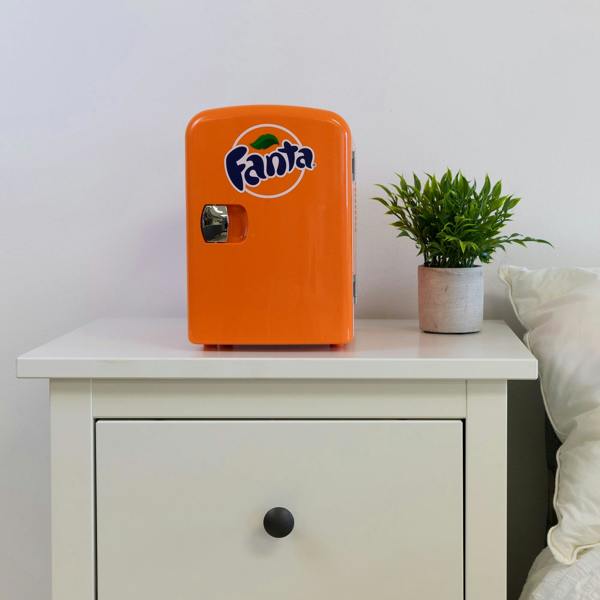 Coca-Cola Fanta 4L Mini Fridge Orange 6 Can Cooler Warmer for Bedroom, Office or Travel (12V Plug)