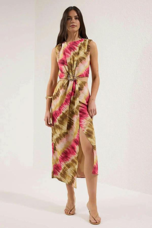 WOVCOR Abstract Patterned Maxi Woven Dress with Waist Detail