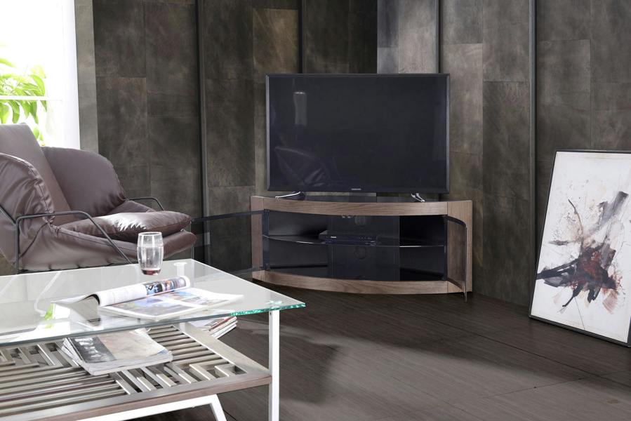 Homeology PANGEA Black with Walnut Veneer Beam-Thru Glass Door Curved Unit Tru-Corner 32"-50" TV Cabinet