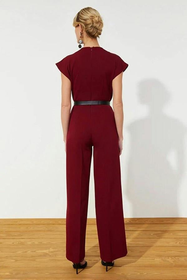 WOVCOR Wrap-Neck Wide-Leg Woven Jumpsuit with Belt