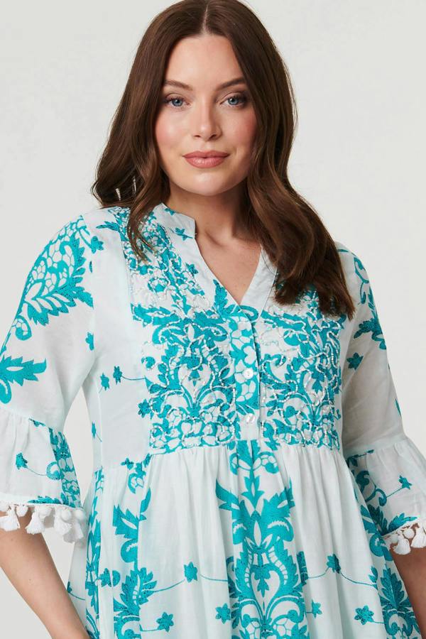 Blue | Printed Tassel Sleeve Knee Length Dress