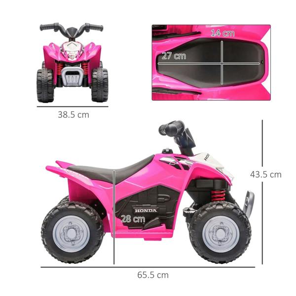 Pink kids Honda electric quad bike size diagram with wheels, seat, and handlebars