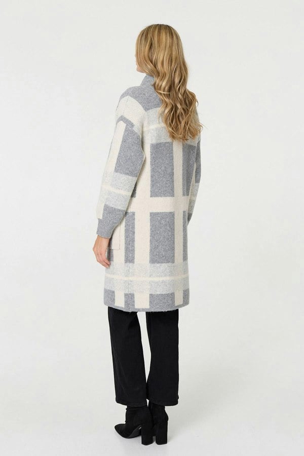 Grey | Checked Open Front Longline Cardigan
