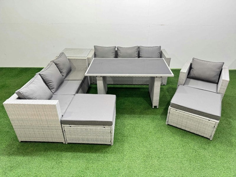 Fimous Patio Garden Furniture Sets with Black Glass Top Dining Table 3 Seater Sofa Armchair Side Table 2 Big Stool Light Grey