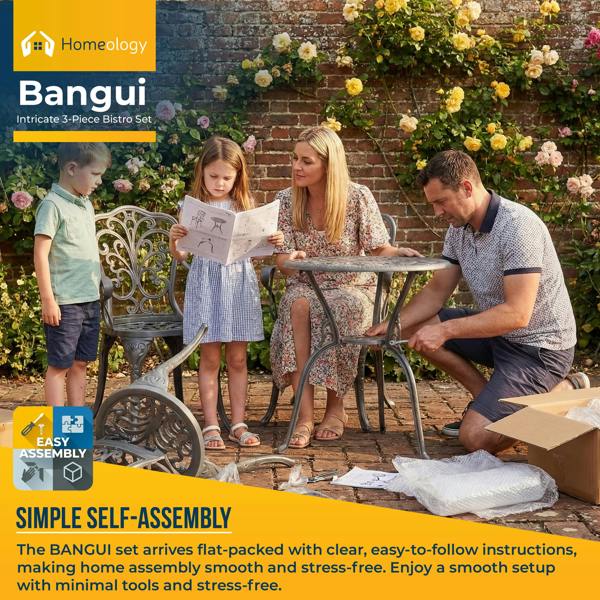 Homeology BANGUI Grey Luxurious Garden and Patio Table and 2 Large Chairs with Armrests Cast Aluminium Bistro Set