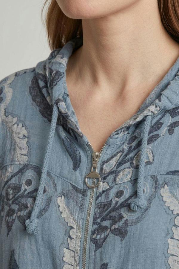 Blue | Floral Zip Front Hooded Relaxed Jacket
