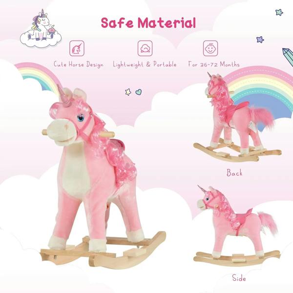 Pink plush rocking unicorn ride-on toy with wooden rocker base, side and back views