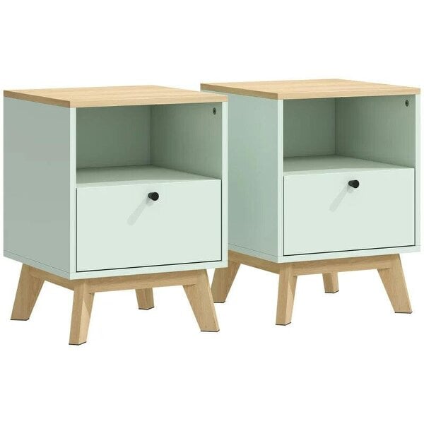 Modern Nightstand Set of 2, Bedside Table with Drawer and Open Shelf, Side End Table for Bedroom, Light Green
