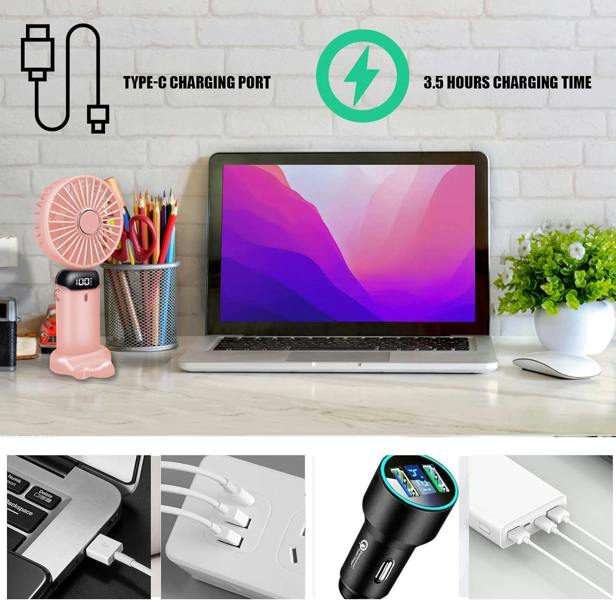Dyzi 2-in-1 Portable Travel Mini Handheld Desk Table Fan USB-C Rechargeable Pink
