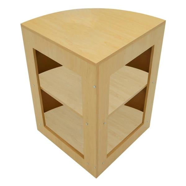 Curved maple LED shop counter with two open shelves, showcasing a smooth surface and natural wood grain for a modern look
