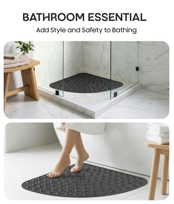 ADOV Corner Shower Mat, 54 x 54cm Curved Non Slip Bath Mat with Suction Cups and Drainage Holes
