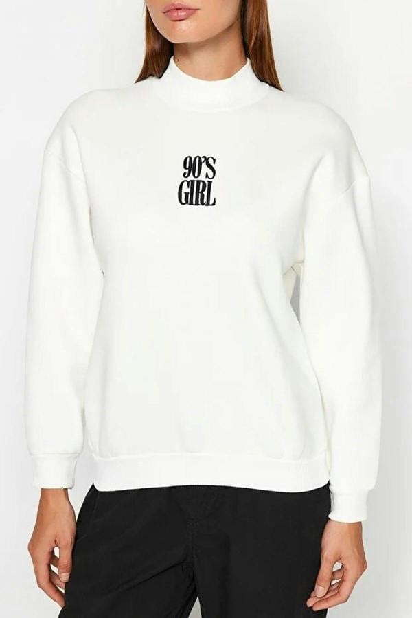 WOVCOR Stand-up Collar Knit Sweatshirt with Fleece Inside and Embroidered Slogan