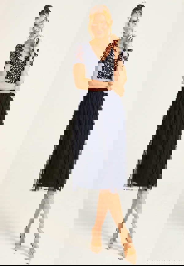 Embellished Sequin Baby Doll Midi Dress in Navy - ANGELEYE