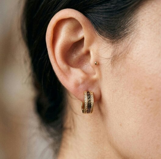 The Colourful Aura Gold Greek Key Crystal Huggie Hoop Earrings | 1cm Brass Hoops