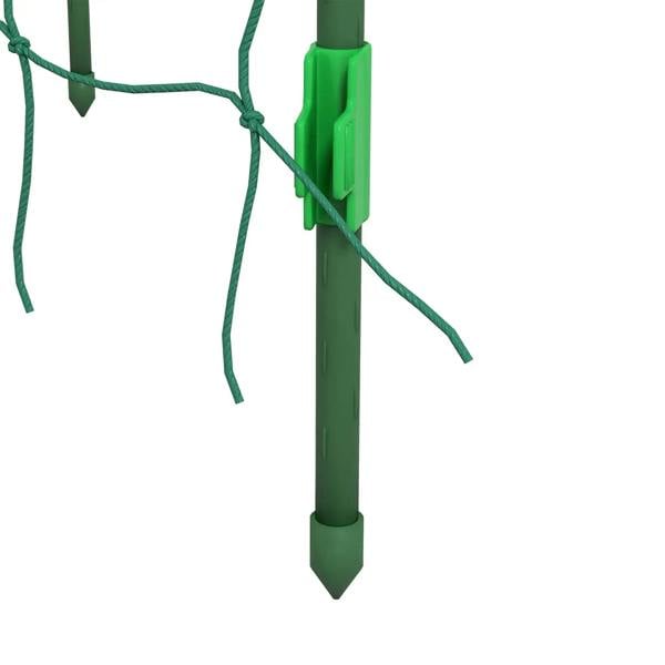Green trellis pole with pointed stake base and net ties at the top