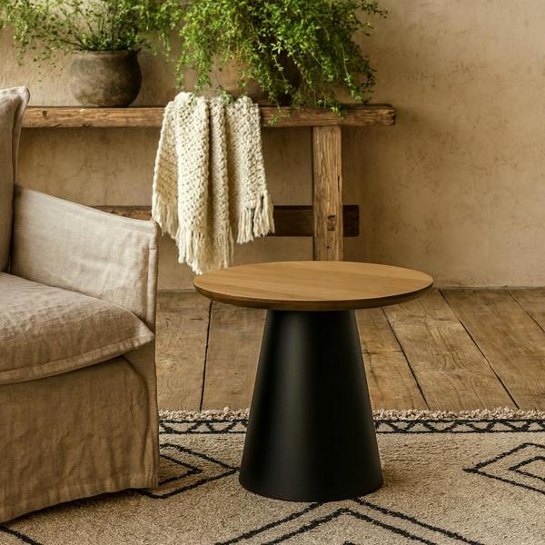 Wyld Haus Hamburg Round Oak Veneer Coffee Table Black Steel Pillar Base