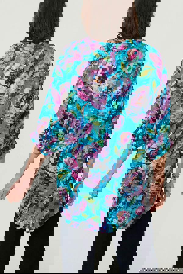 Blue | Floral Button 3/4 Sleeve Relaxed Blouse