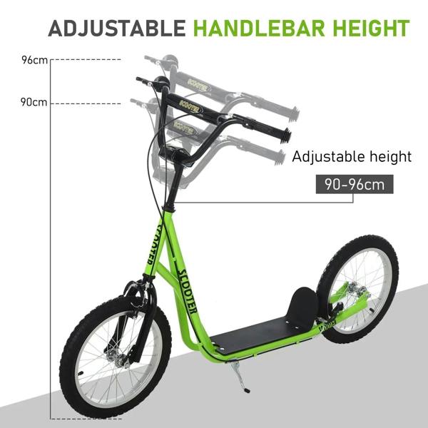 Green kids kick scooter with adjustable-height handlebar and black hand grips