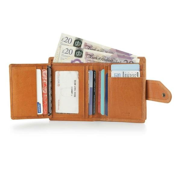 Interior of Cognac Paloma trifold purse showing card slots and compartments with RFID protection