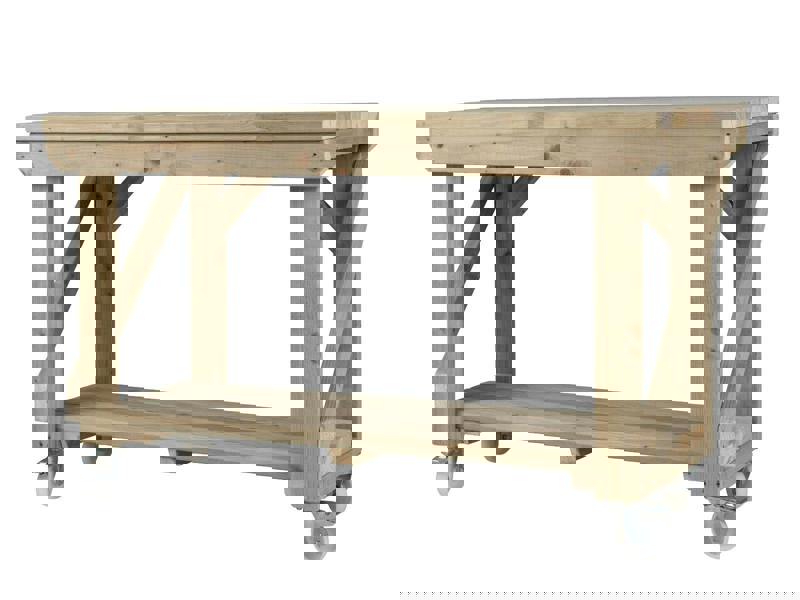 Indoor/Outdoor Pressure-Treated Single Shelf with wheels Workbench, a robust and versatile solution for all your workspace needs. Handcrafted in the UK, this workbench is constructed from high-quality, pressure-treated timber, ensuring durability and resistance to the elements, making it suitable for both indoor and outdoor use.