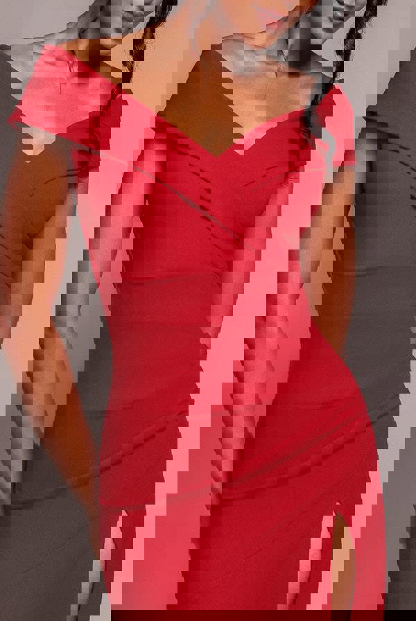 Scuba Crepe Off Shoulder Front Split Maxi Dress - Red DR2930SC