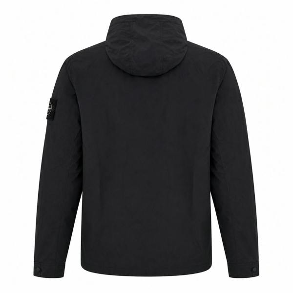 Back view of a black Marshall Artist Amerigo hooded overshirt featuring a branded sleeve patch and button cuffs.