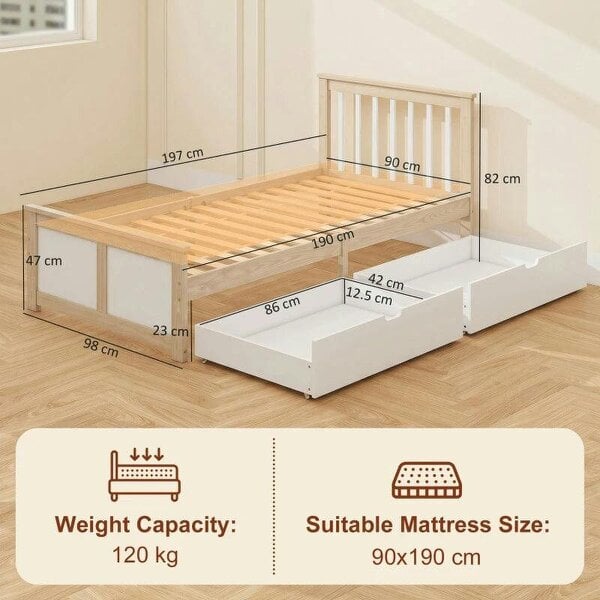 Pine Storage Bed, 3ft Single Solid Wooden Bed Frame with Drawers, Headboard, Wood Slat Support, Natural Wood Finish