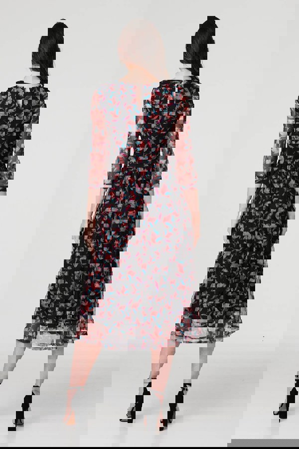 Black | Floral Semi Sheer Ruched Midi Dress