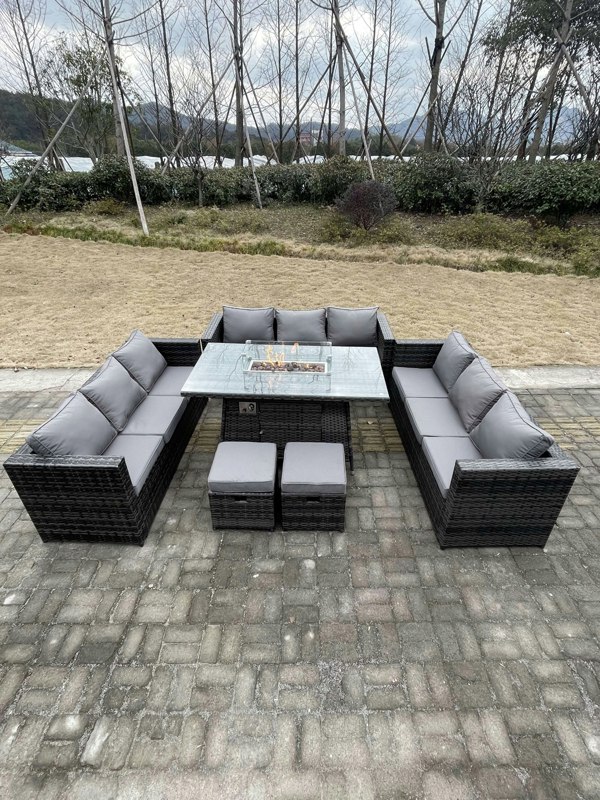 Fimous Rattan Outdoor Garden Furniture Set with Gas Firepit Dining Table, 3 Sofas, 2 Foot Stools - 11 Seater - Dark Grey