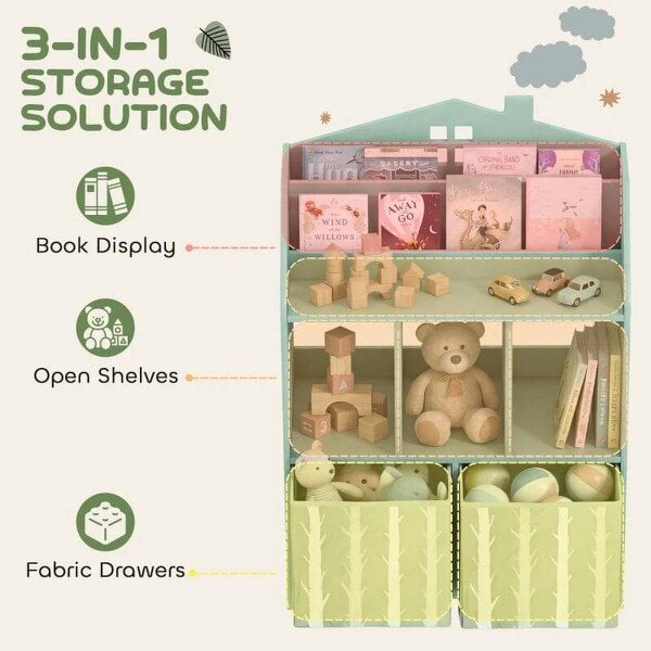 Bobobiy Kids Bookshelf with Storage, Toy Storage Unit with Book Display, Shelves and Fabric Drawers for Playroom Nursery, Green