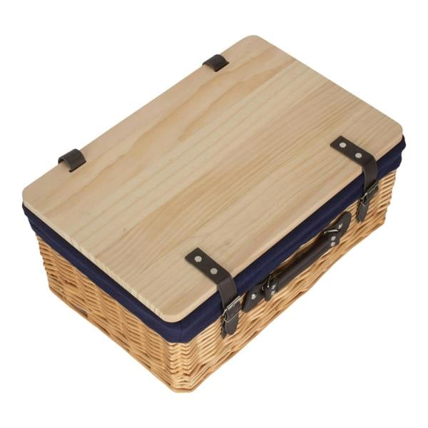 Buff Navy Lined Willow Picnic Basket with Pinewood Lid