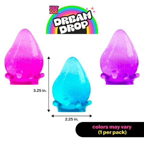 NeeDoh Dream Drop - 1 Colour Chosen At Random, Glitter Raindrop Fidget Toy with Removable Base
